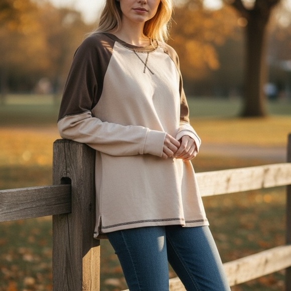 NEW•XL•Peace By Piece Women’s  Two-Tone Raglan Long-Sleeve Top - Cream and Brown - Picture 2 of 15